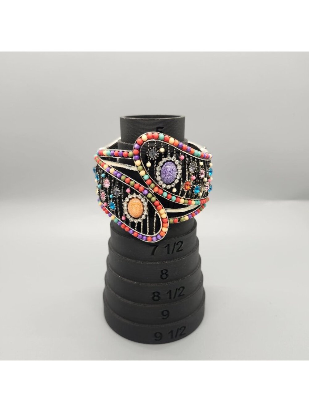 Multicolor Vintage-Inspired Cuff Bracelet With Beaded & Rhinestone Accents Hinge